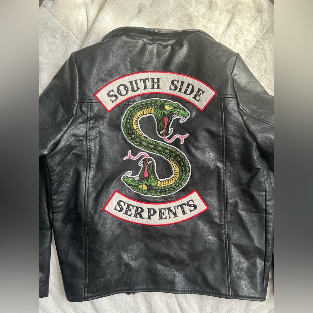 Black Leather Jacket with South Side Serpents Embroidered Back